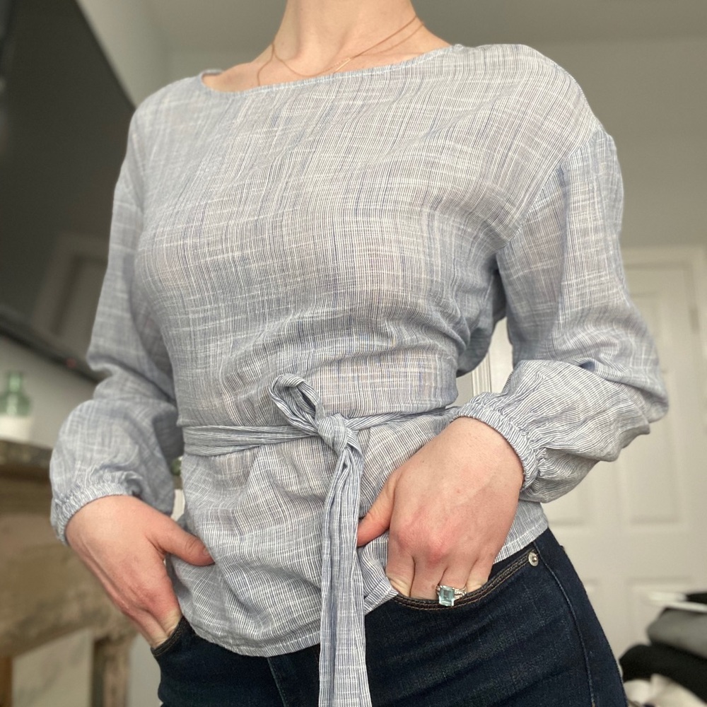Blue linen-like tie waist top